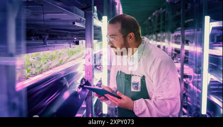 Close Up Portrait of Farming Technician Standing Next to a Row of Fresh Crops Growing at a Modern Vertical Farm. Horticulturist in Using Tablet Computer to Organize and Analyze Plant Information Stock Photo