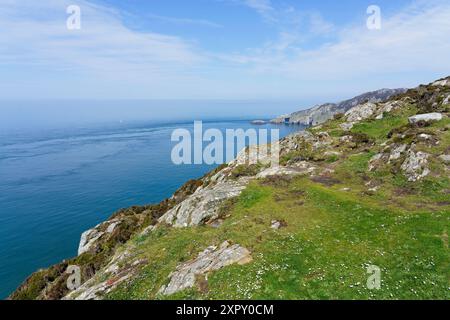High on the cliffs of the South Stack nature reserve on Anglesey as a bank of fog approaches from the Irish Sea. Stock Photo