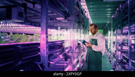 Agricultural Scientist Standing in a Corridor in a Vertical Farm Facility Next to Rack with Freshly Grown Plants. Hydroponics Technician Using a Tablet Computer, Studying and Cultivating Crops Stock Photo