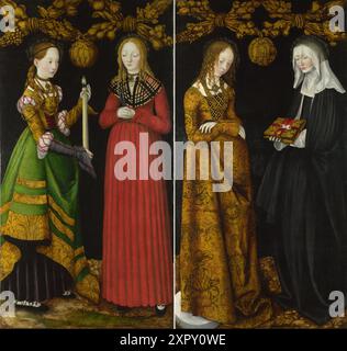 Lucas Cranach the Elder  (1472–1553)    English: The Saints Genevieve and Apollonia and the Saints Christina and Ottilia Part ofSt Catherine Altarpiece  Reverses of Shutters (left and right wing) of the St Catherine Altarpiece in Dresden (Germany), Galerie Alte Meister; left Saints Genevieve of Paris and Apollonia, right Saints Christina and Ottilia; on the brooch of Saint Genevieve are the signs of Alpha and Omega, the pincers on the brooch of Saint Apollonia remind of her tortures of having her teeth extracted Stock Photo