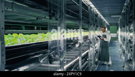 Agricultural Grower Working in a Corridor in a Modern Vertical Farm Facility Next to Rack with Freshly Grown Plants. Hydroponics Technician Using Tablet Computer, Studying and Cultivating Crops Stock Photo