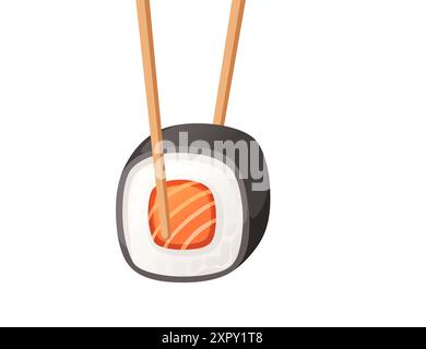 Maki sushi roll with salmon held by chopsticks. Japanese cuisine promotions and restaurant menus. Delivery asian food service. Vector illustration iso Stock Vector