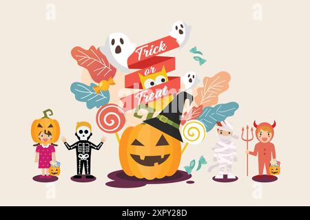 Halloween invitation with children in costume greeting card. Halloween pumpkin owl and ghost. Vector illustration Stock Vector