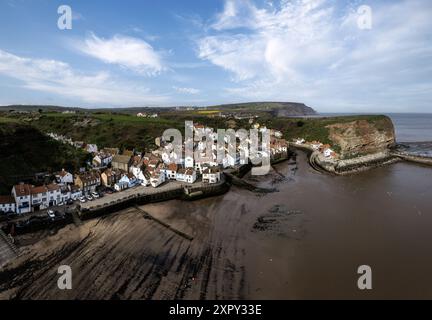 elevated panoramic view of staithes north yorkshire coast at low tide no people Stock Photo