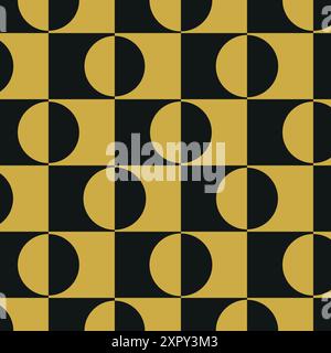 Minimalist Art Deco Golden and Black Circles on squares seamless pattern. For wallpaper, home décor and fabric Stock Vector