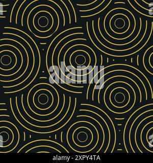 Art Deco Golden Overlapping circles in line art style seamless pattern on black background. For wallpaper, textile and home décor Stock Vector