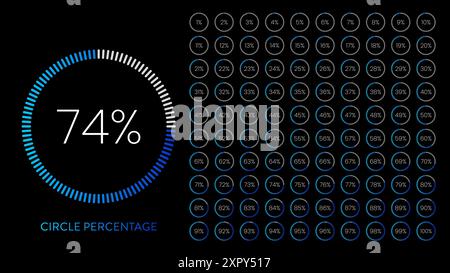Circle percentage diagram vector illustration set from 1 to 100 with colorful dark blue to light on black background. Gradient progress bar, loading i Stock Vector