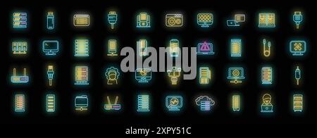 System administrator icons set outline vector. Server data. Cable computer neon color on black Stock Vector