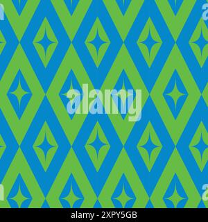 Mid Century starbursts on green and blue  retro diamond shapes seamless pattern. For fabric, wallpaper and textile Stock Vector