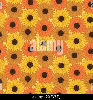 Retro Overlapping sunflowers in orange, yellow and brown seamless pattern. For fabric, textile and wallpaper. Stock Vector