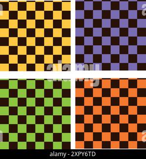 Small Checkerboards 4 seamless pattern collection set in black, purple, yellow, orange and green. For web backgrounds, fabric, textile and wallpaper. Stock Vector