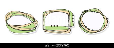 Stickers green set in doodle abstract style. Notebook labels, blank frames, notes, reminders, stickers. . Vector illustration Stock Vector