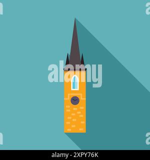 Simple, flat design of a church tower casting a long shadow, perfect for representing a place of worship or a tourist attraction Stock Vector