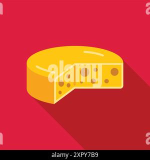 Simple colorful flat icon of a swiss cheese wheel with a slice cut out on a red background with a long shadow Stock Vector