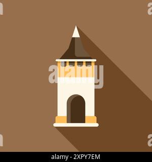 Simple, flat design of a medieval castle tower, isolated on a brown background with a long shadow Stock Vector