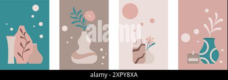 Set of wall paintings with vases and flowers in modern style. Minimalistic posters in pastel shades with botanical elements. Templates for creating po Stock Vector