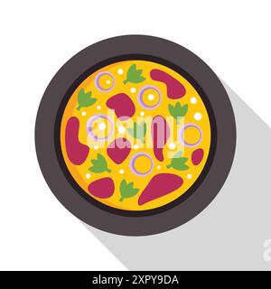 Delicious pizza with meat, onion, cheese and greens lying on black plate with long shadow Stock Vector