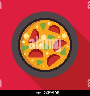 Traditional paella dish served on a round plate with long shadow Stock Vector