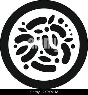 Black and white icon of a petri dish with bacteria growing in a culture medium Stock Vector