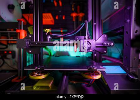 3D printer. Home studio lab factory. Close-up nozzle arm. Stock Photo