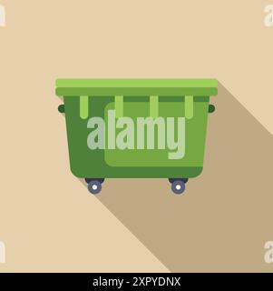 Green garbage container standing on wheels, waste recycling and city cleaning concept, flat style icon with long shadow Stock Vector