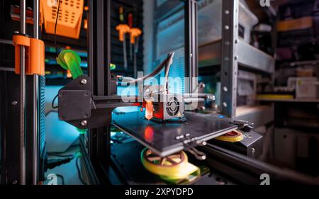 Wide shot 3D printer. Design studio. Home production prototyping. Stock Photo