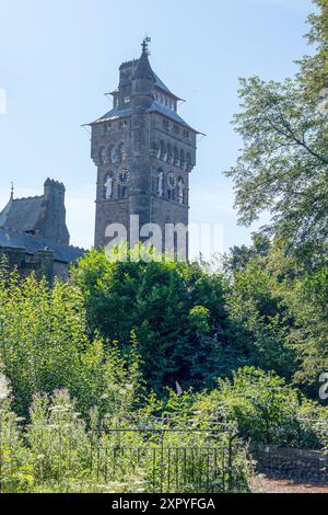 The Clock tower at  Cardiff castle viewed from Bute Park. Design by William Burges in 1866. With the clock crafted by Edward Dent of Big Ben fame. Stock Photo