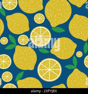 Beautiful Yellow Lemon seamless pattern with little slices on blue background. For fabric, textile and wallpaper Stock Vector
