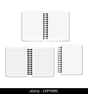 Notebook vector icons. Open and closed. Spiral binding. Lined and blank. Stock Vector