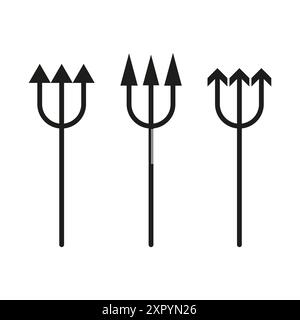 Tridents icons set. Three black tridents. Simple vector illustration. Mythical weapon symbols. Stock Vector