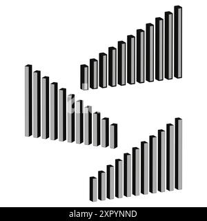 3D bar chart icons. Black and white. Isometric perspective. Vector illustration. Stock Vector