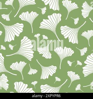 Ginkgo biloba seamless pattern. White ginkgo leaf silhouettes on green background. Botanical print. Vector illustration Stock Vector