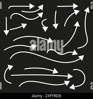 Curved arrow set. White arrows on black. Directional symbols. Vector illustration. Stock Vector