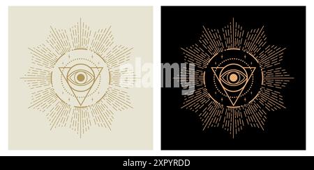 Magic sacred eye symbol in triangle. All seeing eye. Tarot, mystery, astrology, esoteric symbolism. Stock Vector