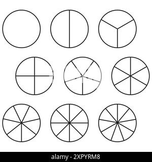 Circle segment diagrams. Pie chart symbols. Vector circular shapes. Divided circle icons. Stock Vector