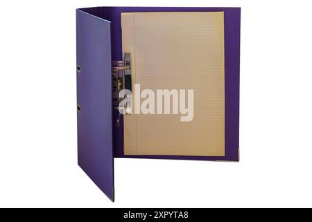 A4 purple lever arch file, opened folder binder with blank papers  isolated on white background Stock Photo