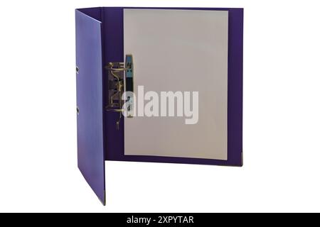 A4 purple lever arch file, opened folder binder with blank papers  isolated on white background Stock Photo
