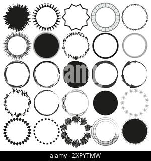 Circular frame icons. Varied border designs. Black and white elements. Vector illustration. Stock Vector