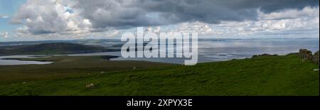 Looking across from Noss NNR over Noss Sound towards Bressay and Mainland shetland. Stock Photo