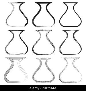 Hand drawn vase icons. Nine vector outlines. Black and white. Artistic sketch style. Stock Vector