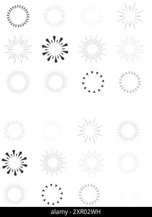 Set Fireworks, rays, sunburst frames circle border decoration, sparkle in doodle style, line sketch explosion isolated on white background. Vector illustration Stock Vector