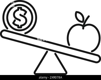 Seesaw balancing a dollar coin and an apple representing the concept of comparing prices Stock Vector