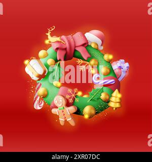 3D decorated christmas wreath Stock Vector