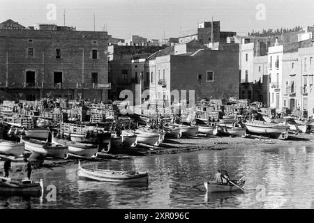 Fischerboote liegen dicht beieinander am Strand von L'Escala, Katalonien 1957. Fishing boats lie close together on the beach at L'Escala, Catalonia 1957. Stock Photo
