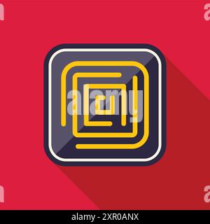 Yellow square labyrinth inside a rounded square with long shadow over red background Stock Vector
