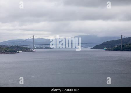 The Hardanger Bridge (Norwegian: Hardangerbrua) is a suspension bridge across the Eidfjorden branch off of the main Hardangerfjorden in Vestland count Stock Photo