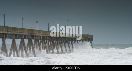 8th August 2024, North Carolina, USA. Tropical Storm Debbie lashes Johnnie Mercer's Pier, at Wrightsville Beach, North Carolina, USA. Credit: Darwin Brandis/Alamy Live News Stock Photo