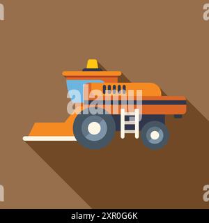 Illustration of an orange combine harvester working in a field with a long shadow Stock Vector