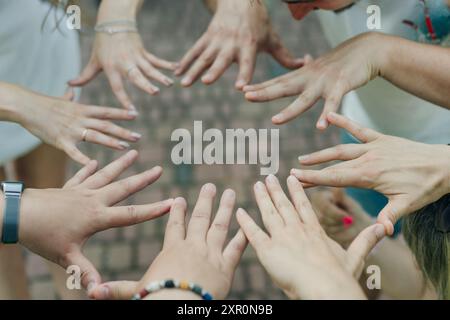 hands circle, business people or teamwork by sky background for support, solidarity or goal. High quality photo Stock Photo