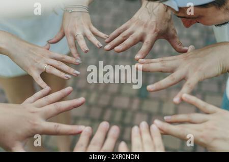 hands circle, business people or teamwork by sky background for support, solidarity or goal. High quality photo Stock Photo